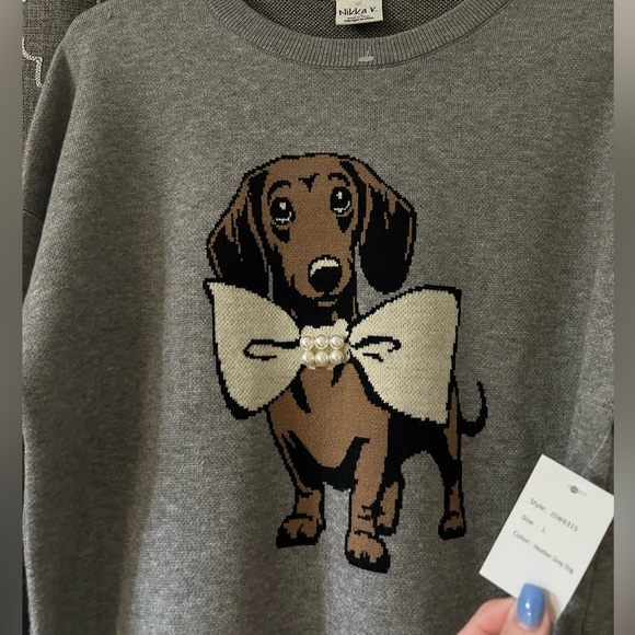 🎁 NEW Nikka K gray sweater pearl bow Dachshund Doxie viscose L large soft dog - Picture 2 of 12